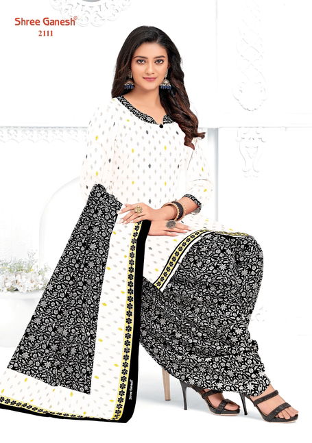 Shree Ganesh White And Black Printed Cotton Dress Material Catalog